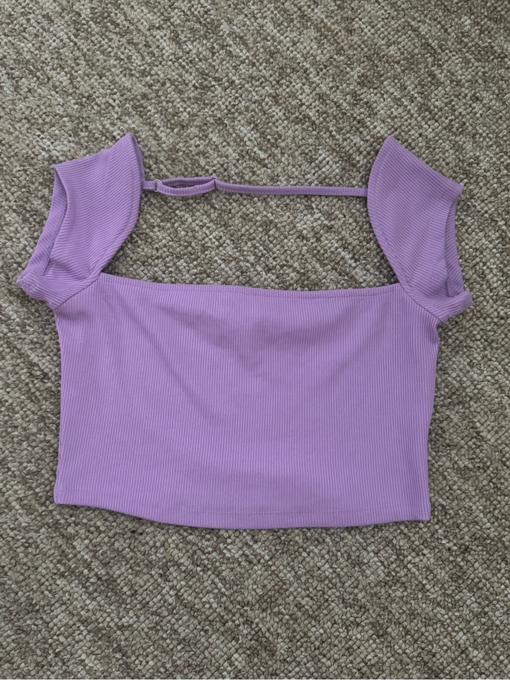 Ribbed Lavender Square-Neck Crop Top with Short Flutter Sleeves